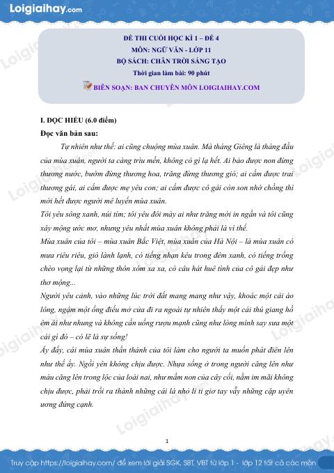 Đề thi học kì 1 Văn 11 Chân trời sáng tạo - Đề số 4